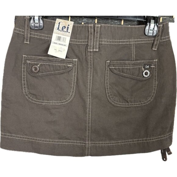 L.e.i Jrs 1 Expresso Brown Button Zip Front Pockets Tie Ruched Sides Mini Skirt - Picture 2 of 5